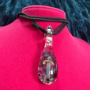 Handmade Blown Glass Raindrop with a Mushroom inside on Adjustable cord Necklace